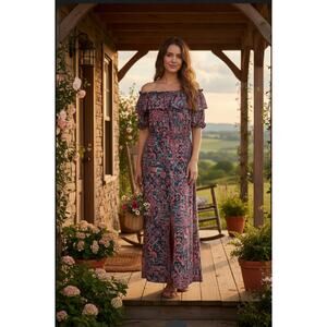 BOUTIQUE Cottagecore Country Floral Off‎ Shoulder Turquoise Orange Maxi Dress 1X